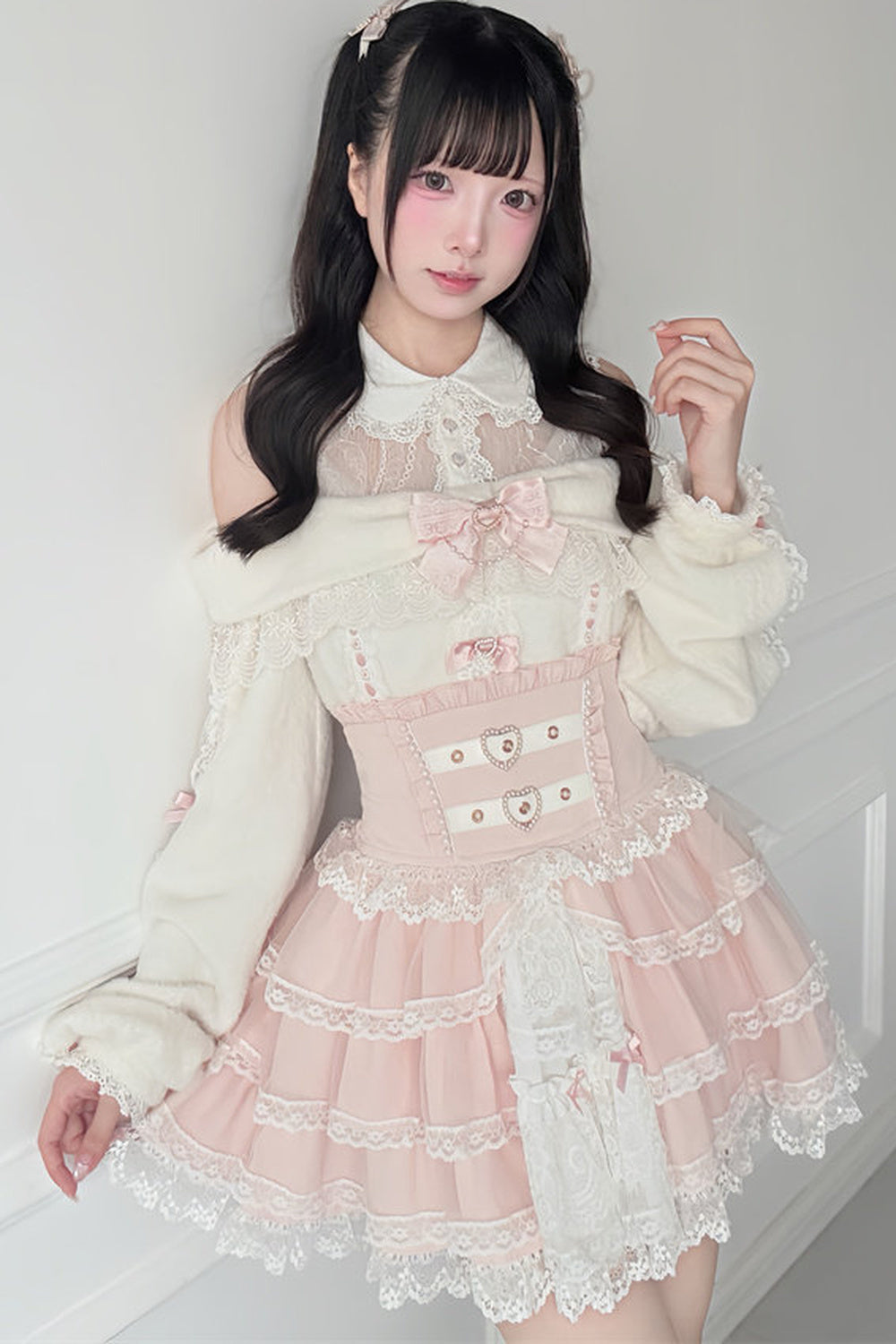 Style Lace Plush Off-Shoulder Sweater With Skirt and Top Set-Up