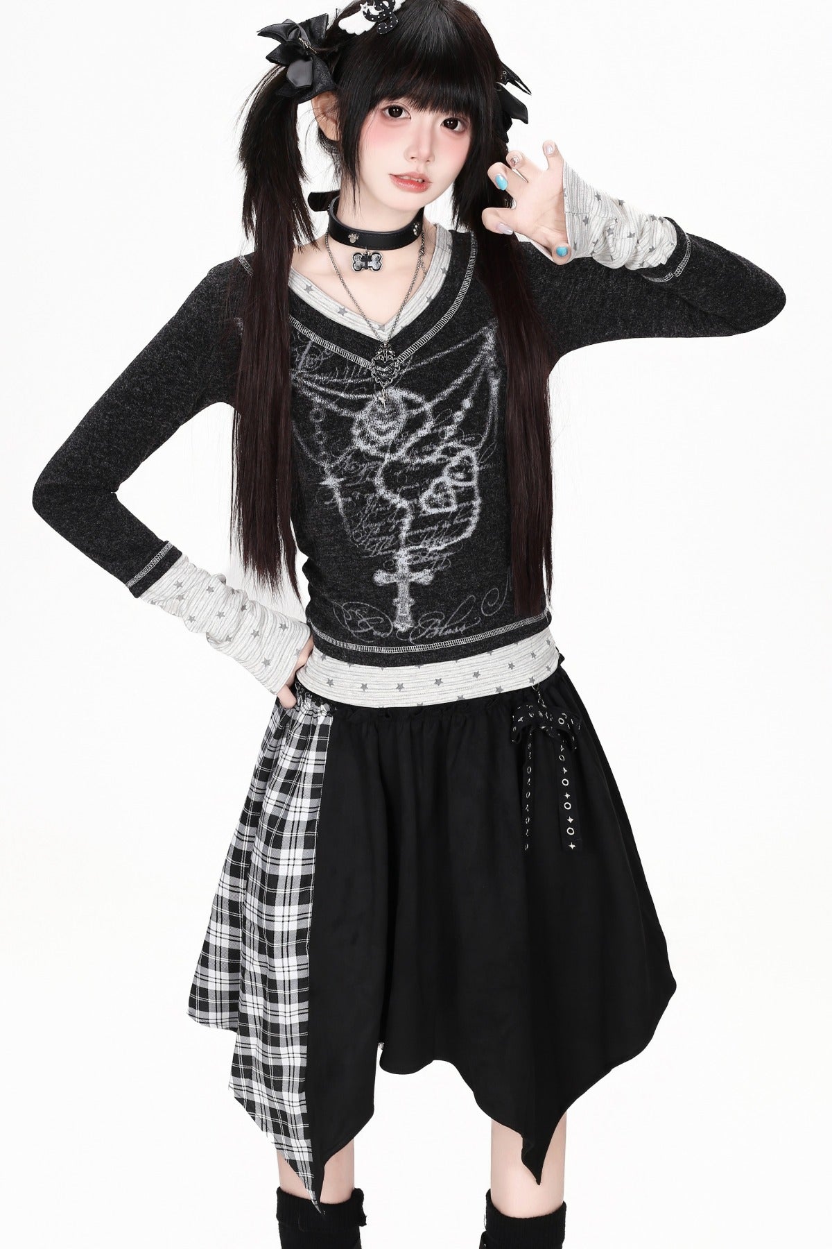 Hoch taillierter asymmetrischer karierter Patchwork-Rock