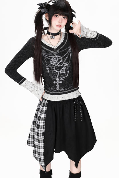 Hoch taillierter asymmetrischer karierter Patchwork-Rock