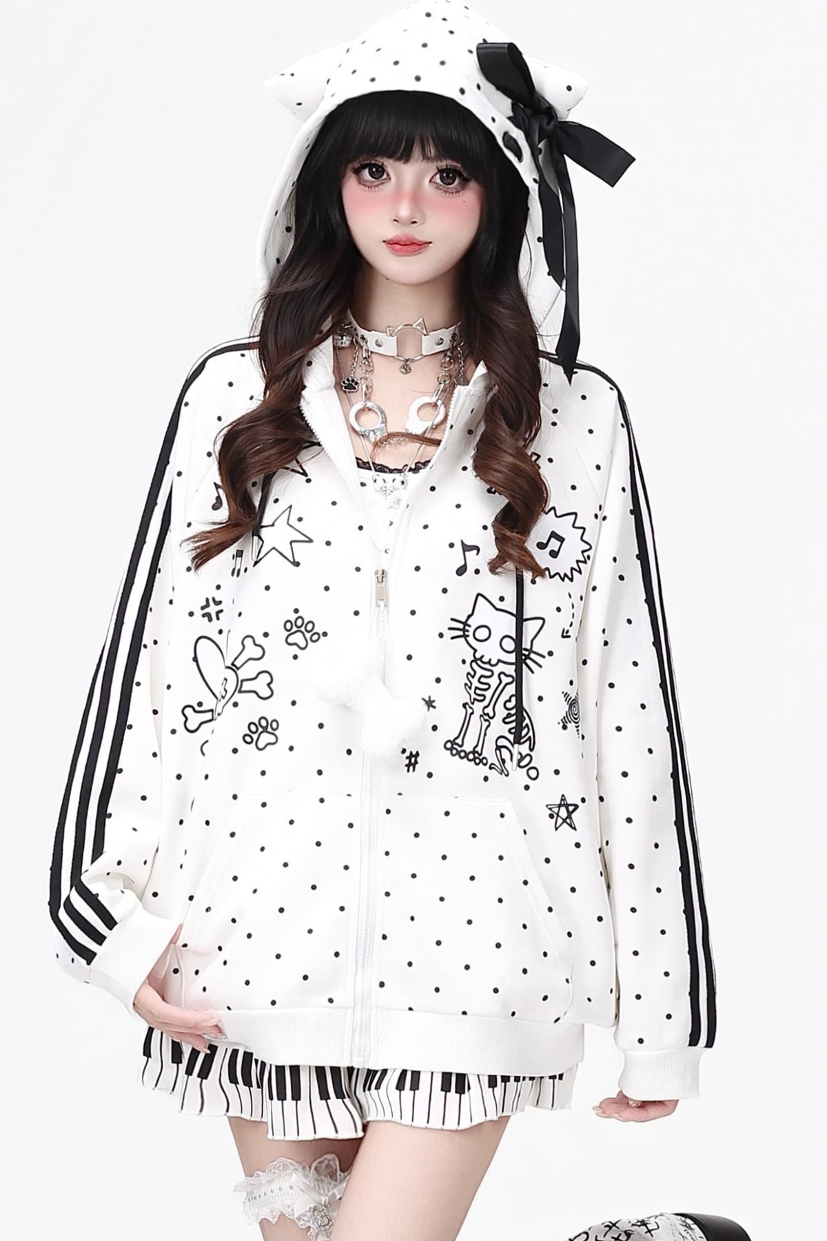 Skull Cat Ear Polka Dot Hooded Jacket