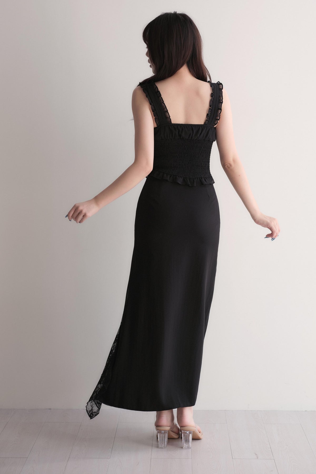 Elegant Ruffle Top & Lace Slit Skirt Set