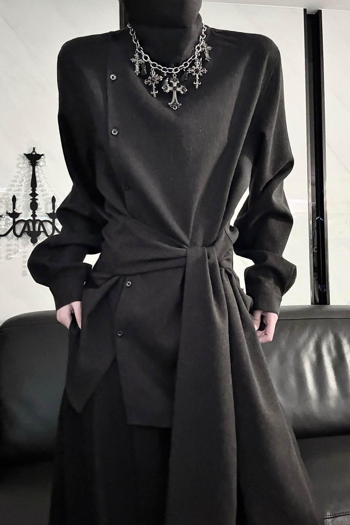 Deconstructed Asymmetrical Placket Tie-Waist Shirt