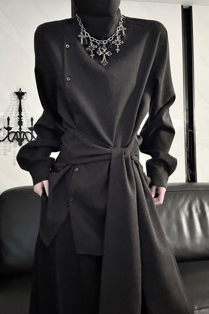 Deconstructed Asymmetrical Placket Tie-Waist Shirt
