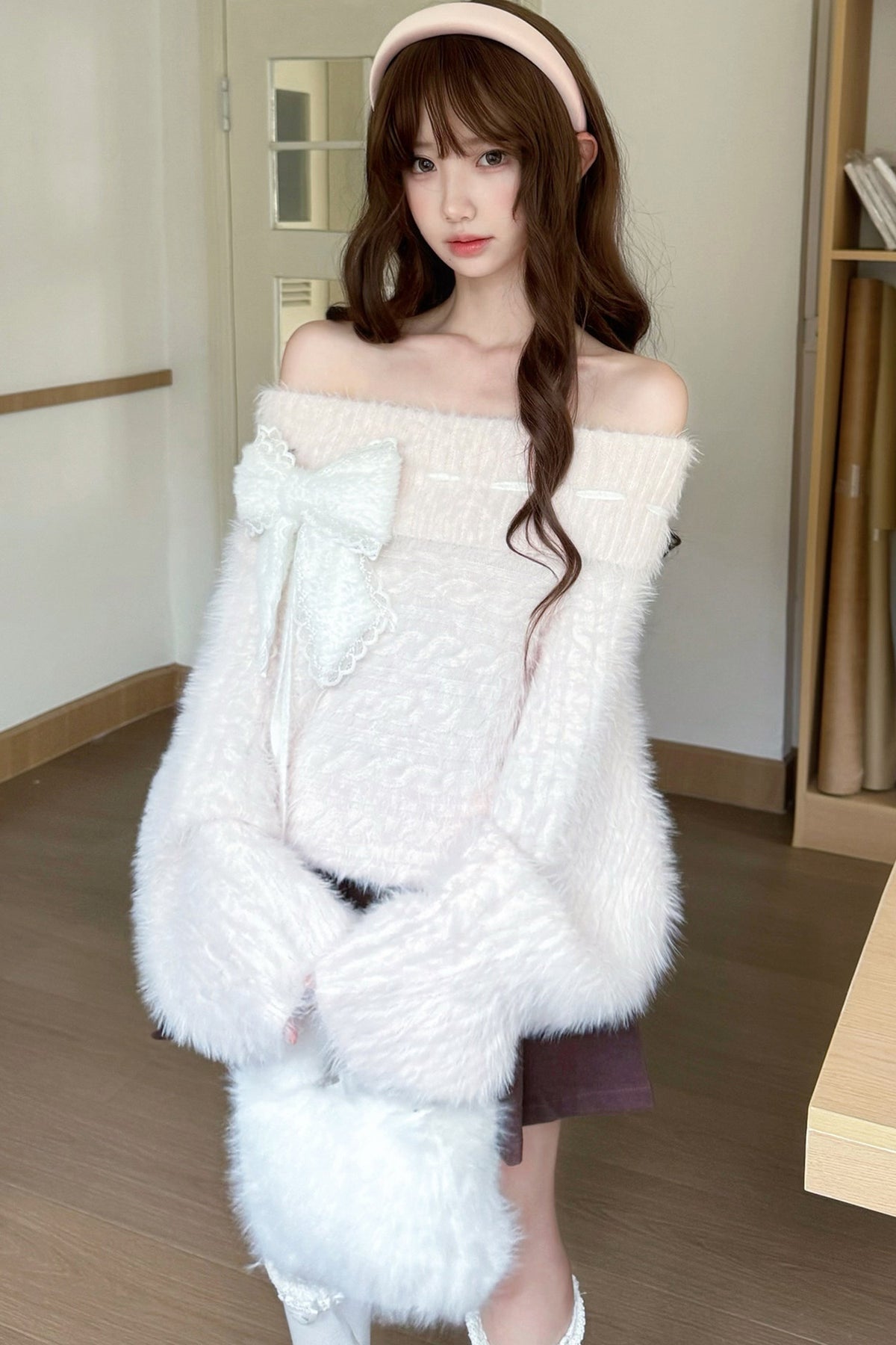 Mint Blue Two-Way Off-Shoulder Sweater With Skirt Set