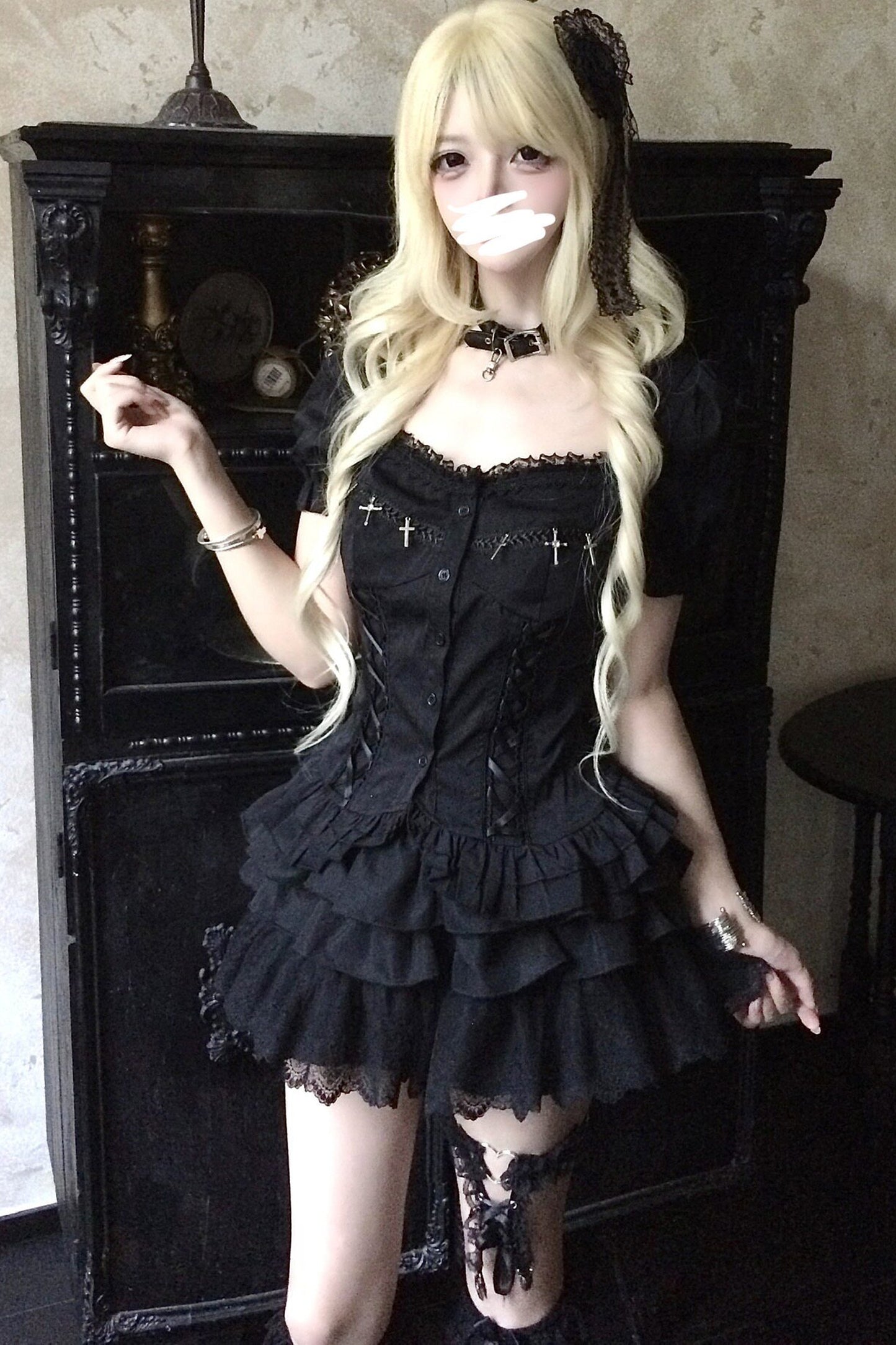 Black Cross Lace Top and Ruffle Skirt Set