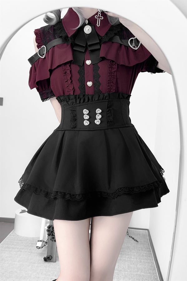 Cherry Short-Sleeve Shirt and Skirt Set-Up