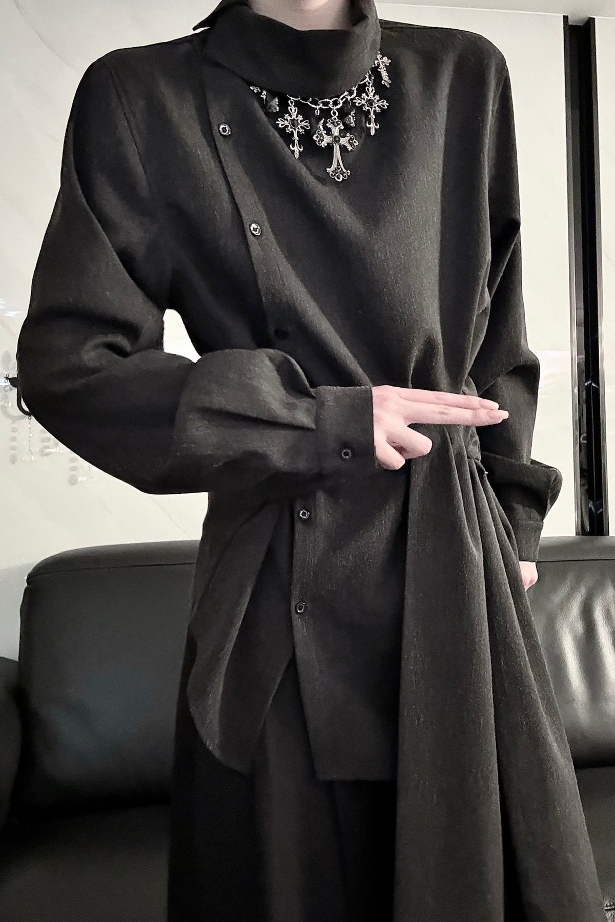 Deconstructed Asymmetrical Placket Tie-Waist Shirt