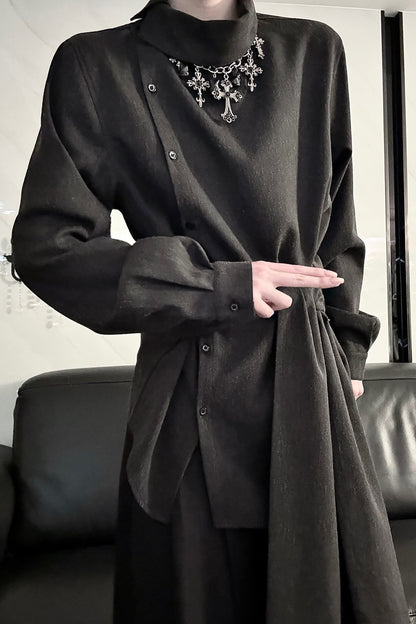 Deconstructed Asymmetrical Placket Tie-Waist Shirt