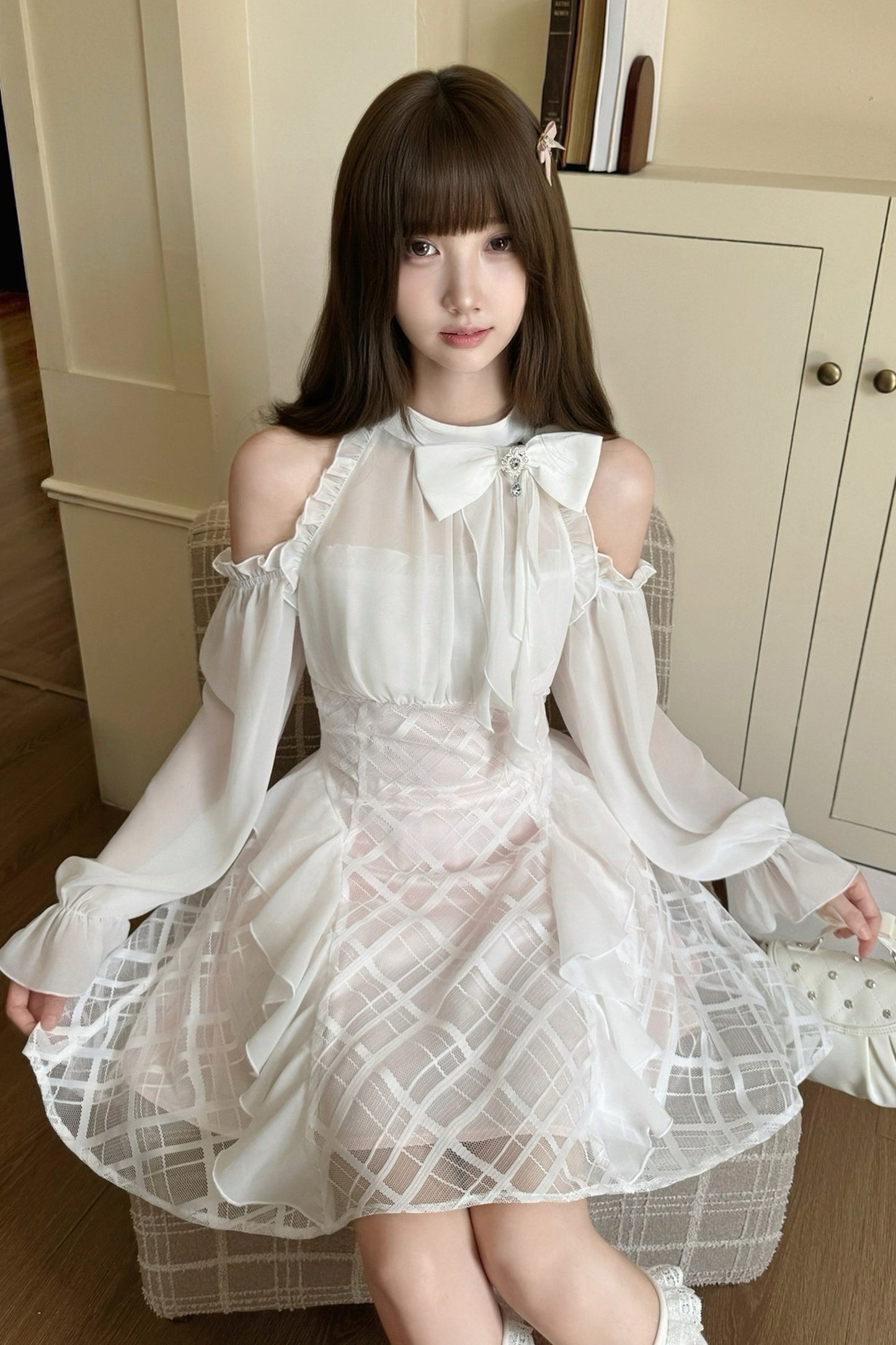 High-Waist Bow Off-Shoulder Long-Sleeve A-Line Dress