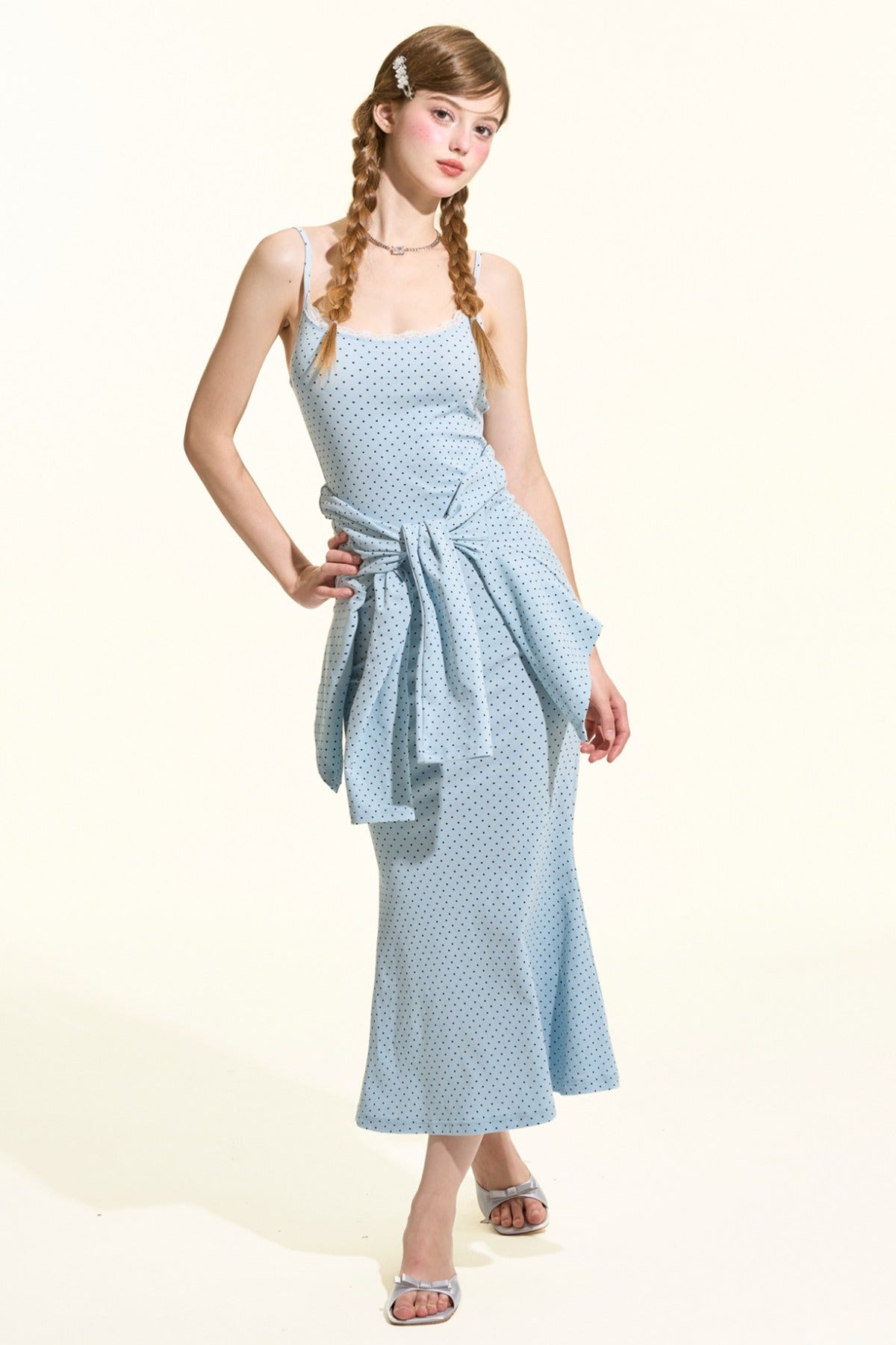 Blue Polka Dot Cami Dress Cardigan Set-Up