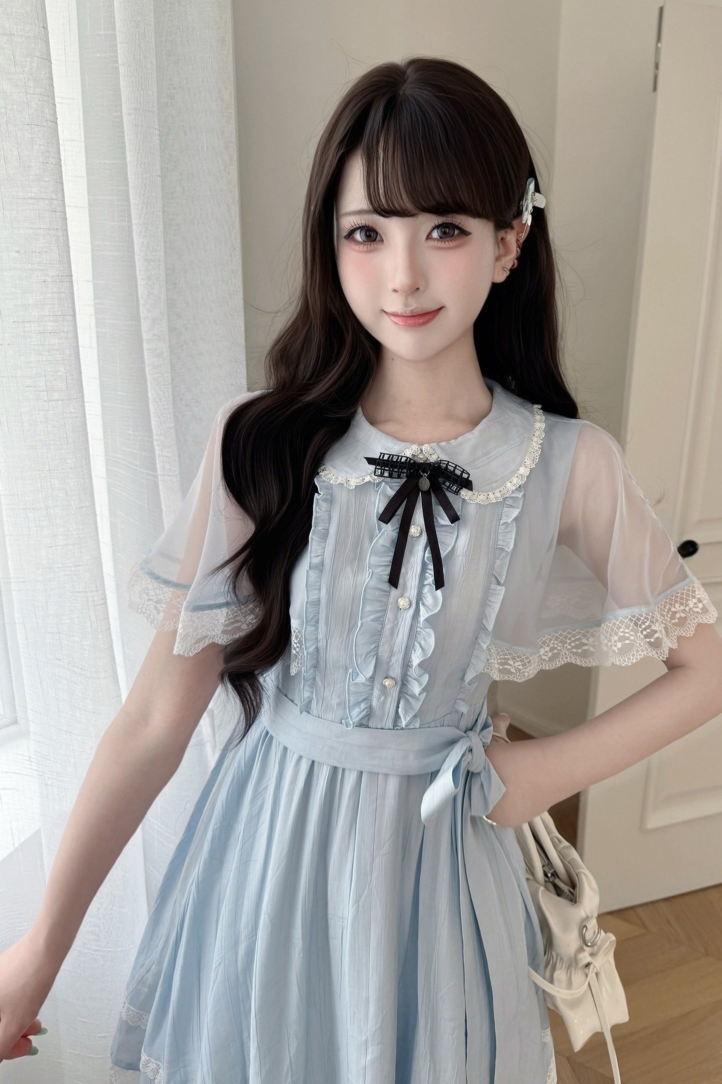 Sheer Cape Lace Waist-Cinching Blue Dress