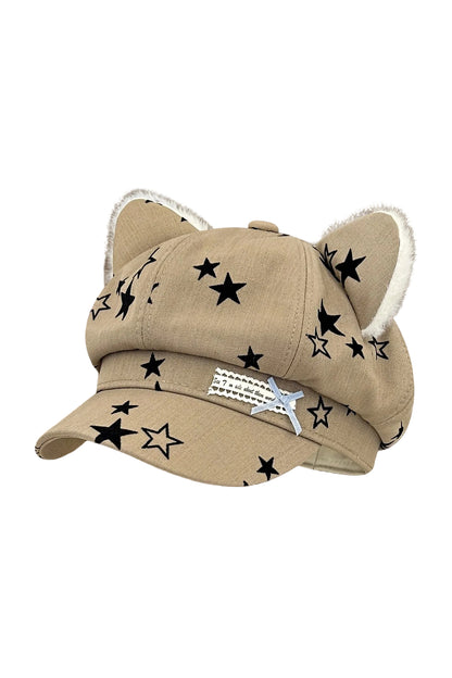 Star Bow Plush Ear Octagonal Newsboy Cap