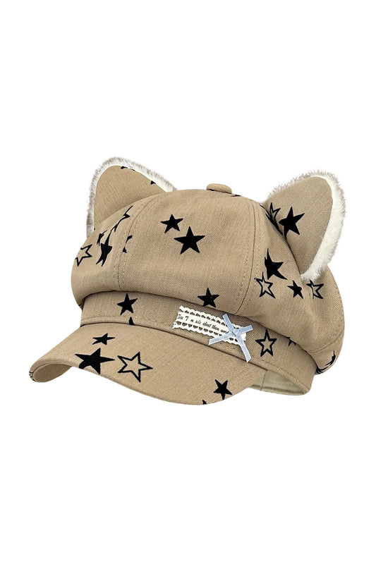 Star 蝴蝶結絨毛耳朵八角報童帽