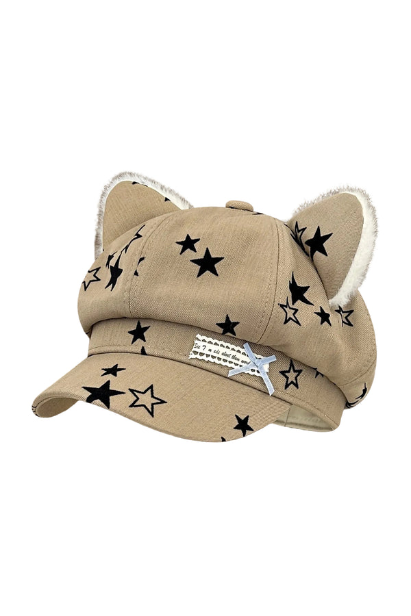 Star Bow Plush Ear Octagonal Newsboy Cap