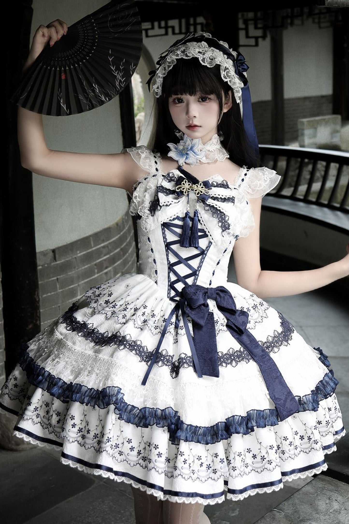 Blue and White Porcelain Jsk Suspender Dress