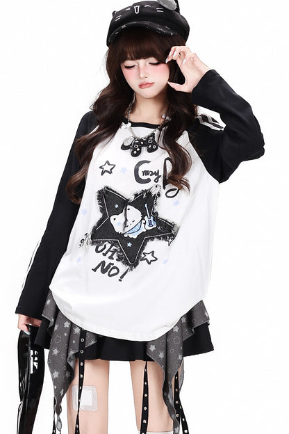 Star Cat Patch Raglan Loose T-Shirt