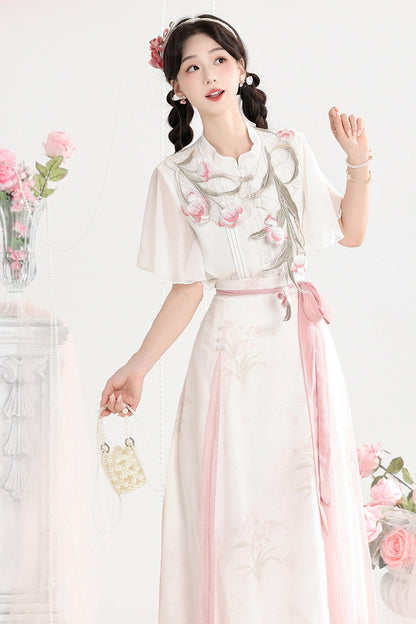 Rosa Hanfu-Hemd-und-Rock-Set mit nebligen Tulpen