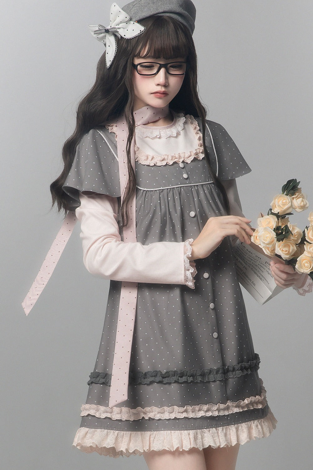 Gray Pink Polka Dot A-Line Layered-Look Dress
