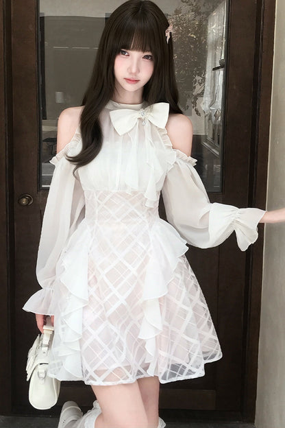 High-Waist Bow Off-Shoulder Long-Sleeve A-Line Dress