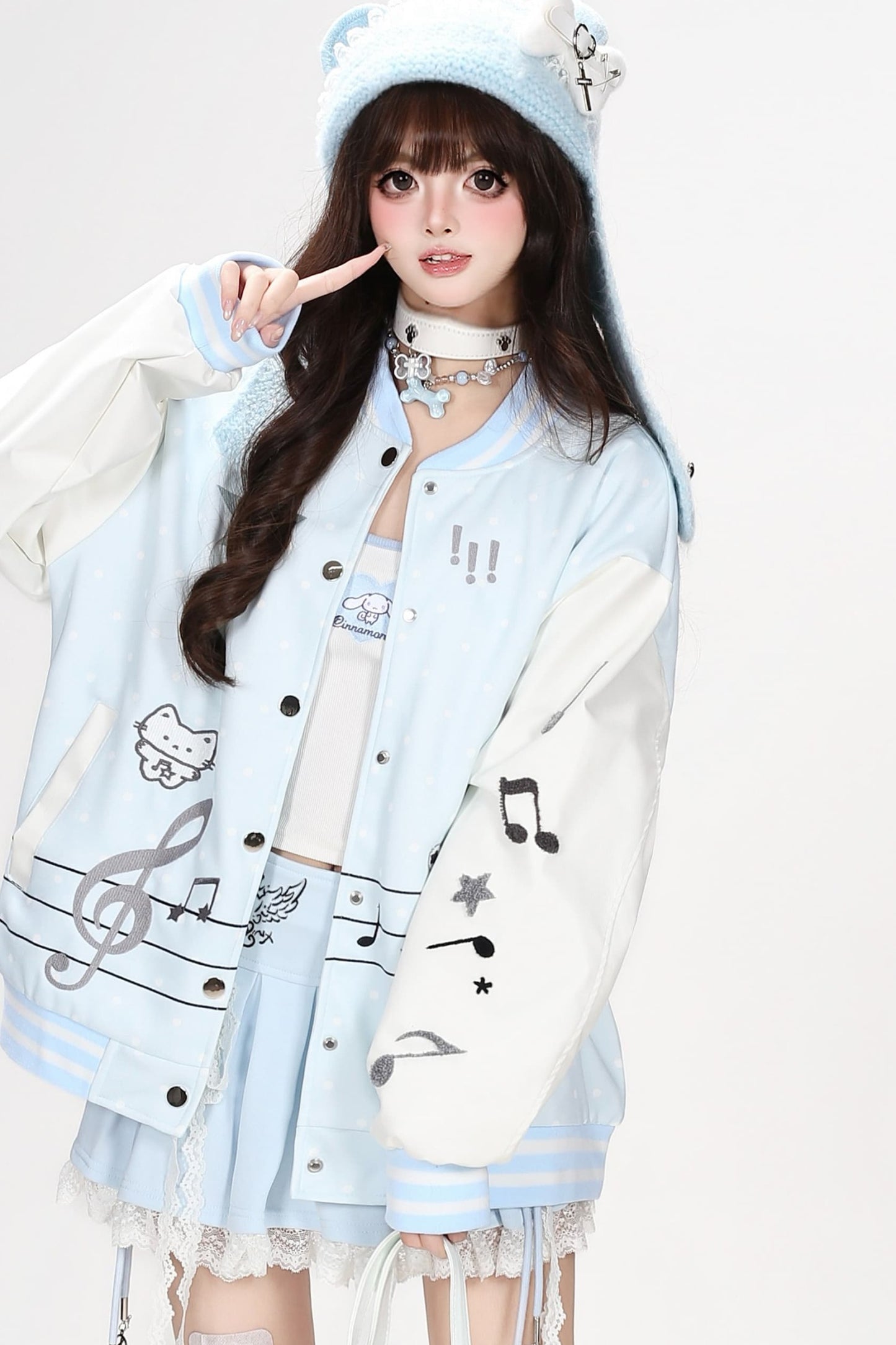 Musical Note Kitten Embroidery Baseball Jacket