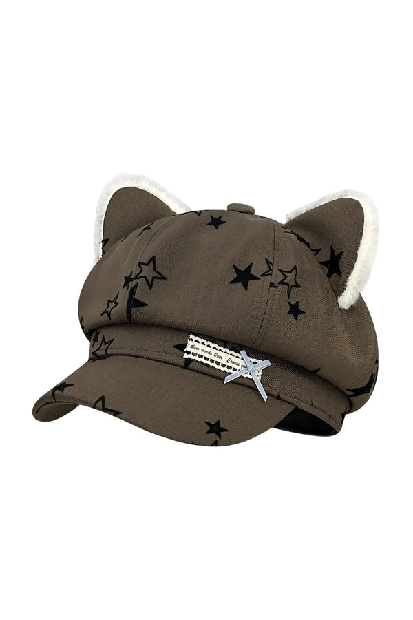 Star Bow Plush Ear Octagonal Newsboy Cap