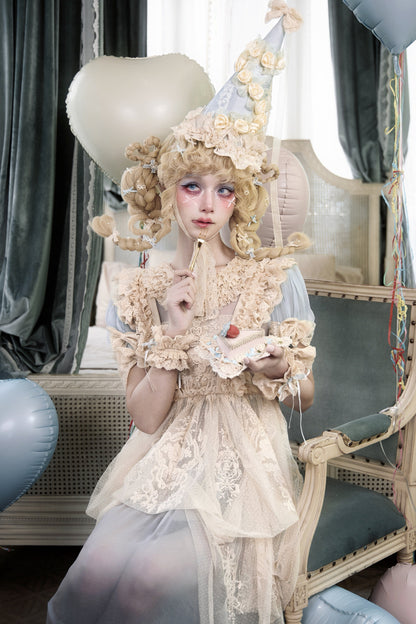 Cream Beige Doll-Like Lace Apron Dress