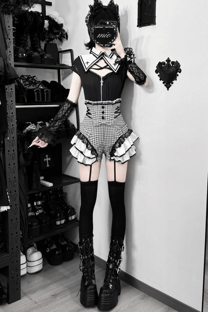 クロスケープブラウス＋チェックフリルパンツセットアップ