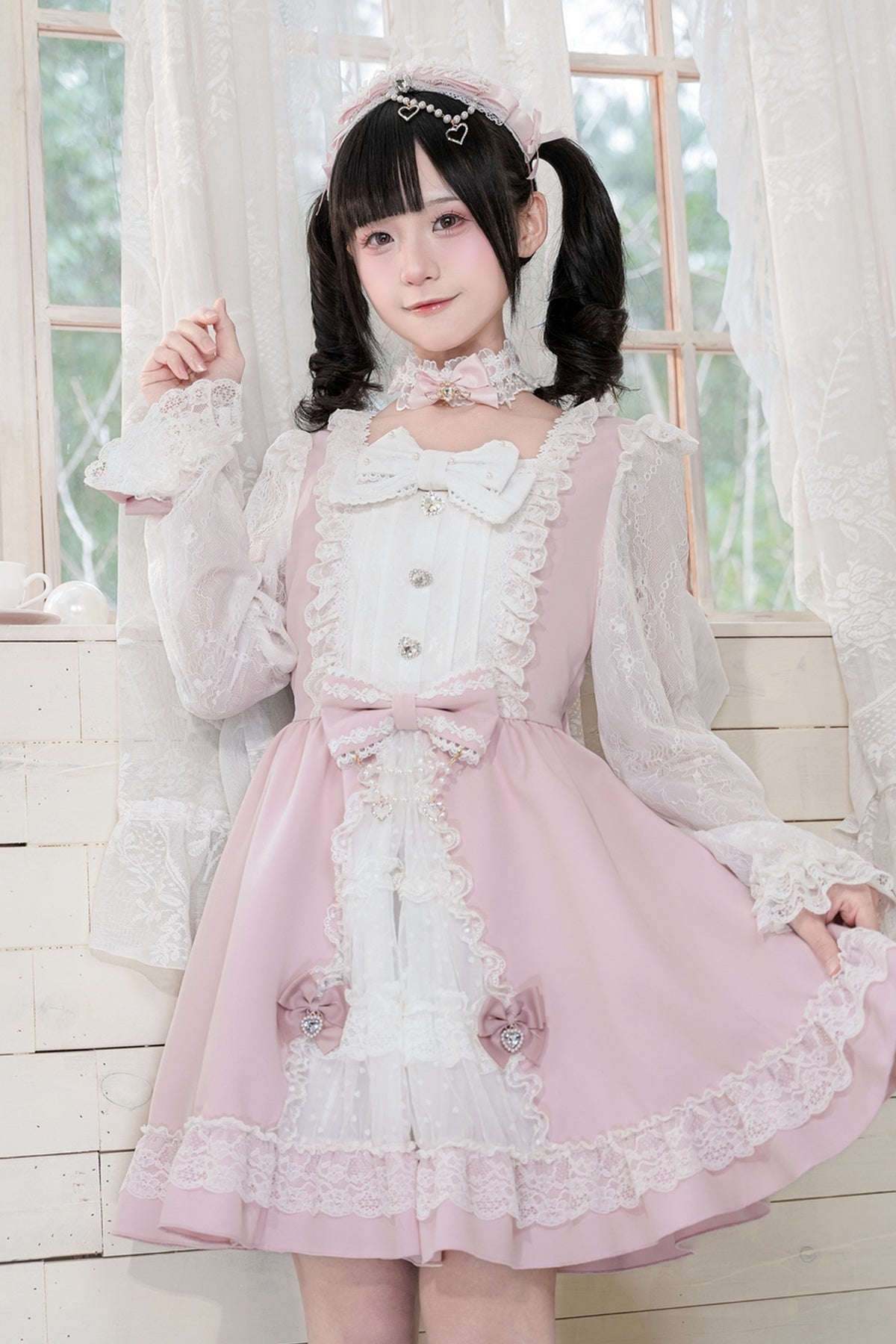 Lace Bow Dress With Hairband+Neck Ring