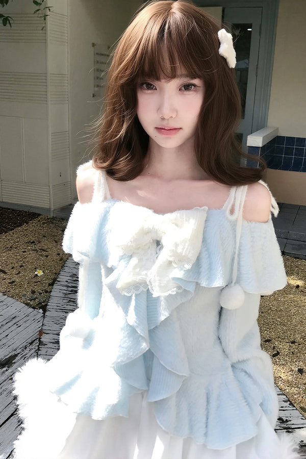 Off-Shoulder Ruffle Knit Top Set
