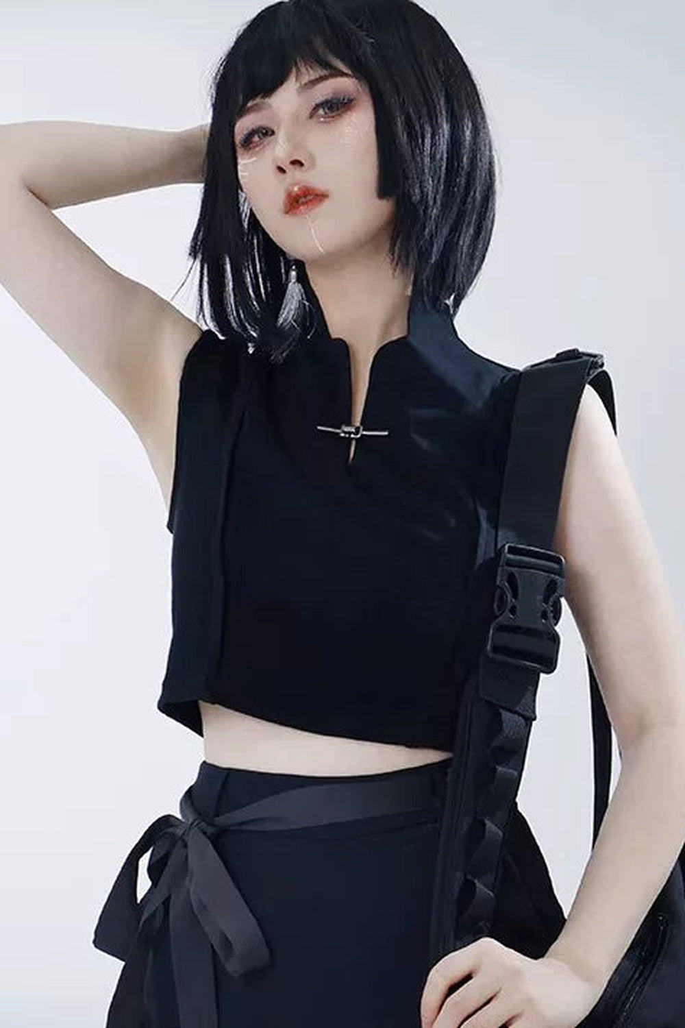 [Pre-Order] Black/White Cyber Chinese Crop Top