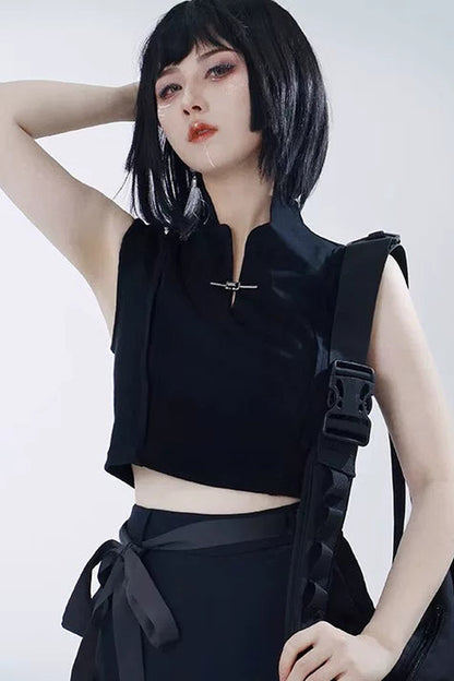 [Pre-Order] Black/White Cyber Chinese Crop Top