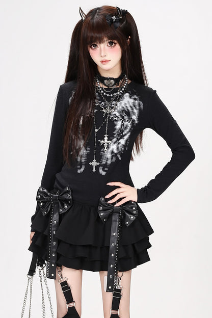 Cross-Wing Illusion Print Long-Sleeve Top and Cake Skirt Set-Up