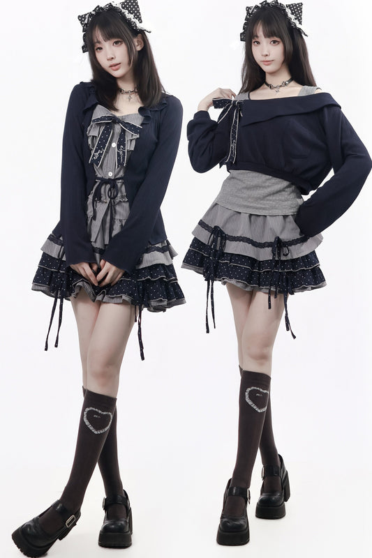 Polka Dot Waist-Cinching Layered-Look Top and Skirt Set-Up