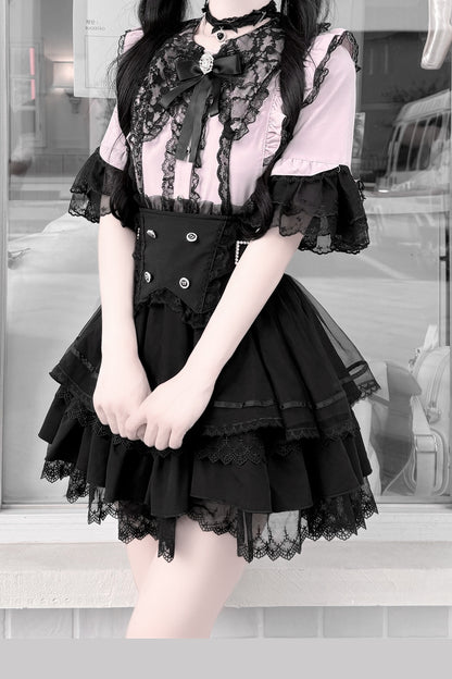 Cherry Short-Sleeved Lace Collar Shirt and Skirt Set-Up