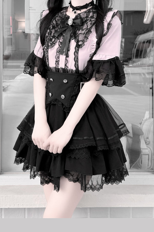 Cherry Short-Sleeved Lace Collar Shirt and Skirt Set-Up