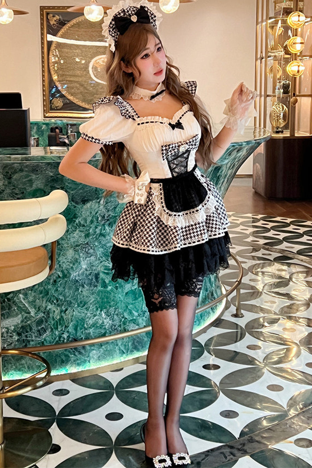 千鳥リボンドールメイドロリータドレス