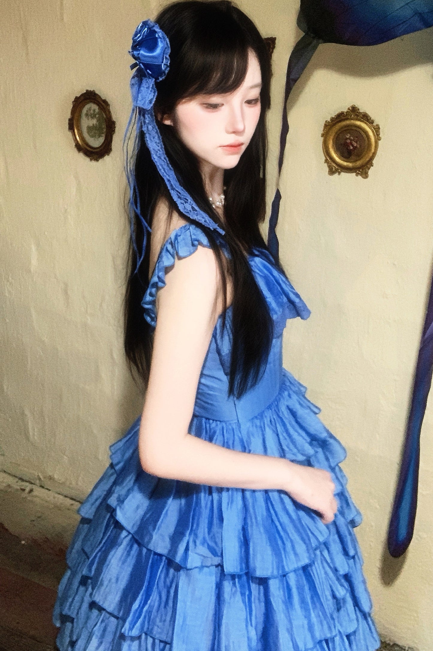 Seven-Layer Ruffle Square Neck Dress, Hair Accessory and Jacket Set-Up