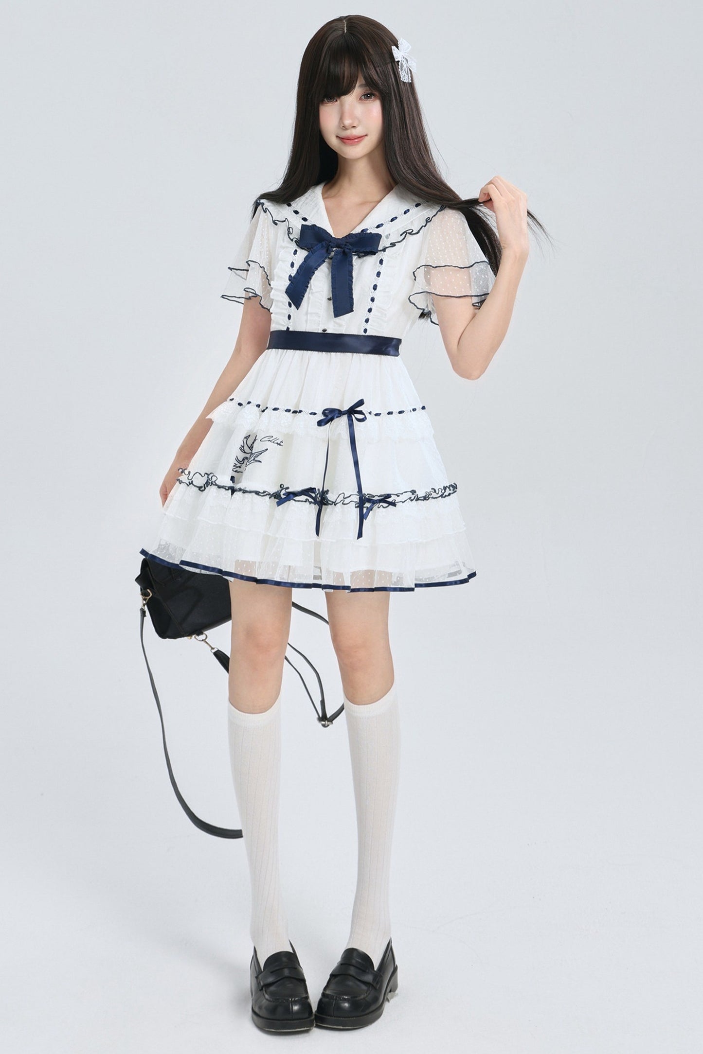 Navy Collar Bird Embroidery Tiered Ribbon Dress