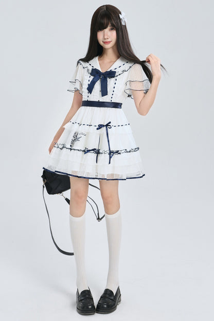 Navy Collar Bird Embroidery Tiered Ribbon Dress