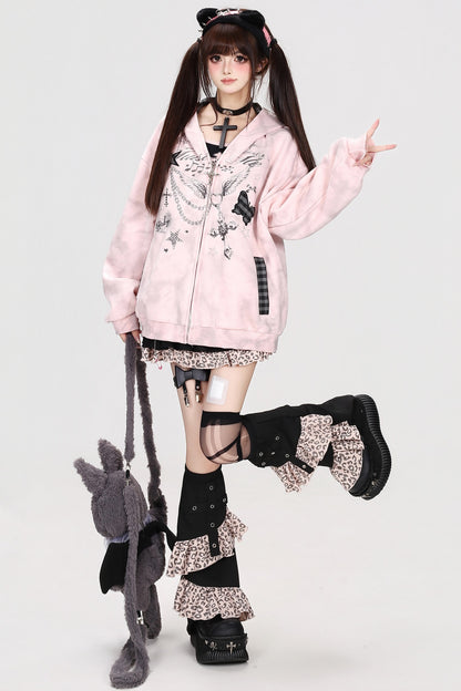 고양이 귀 타이다이 체크 후드 재킷