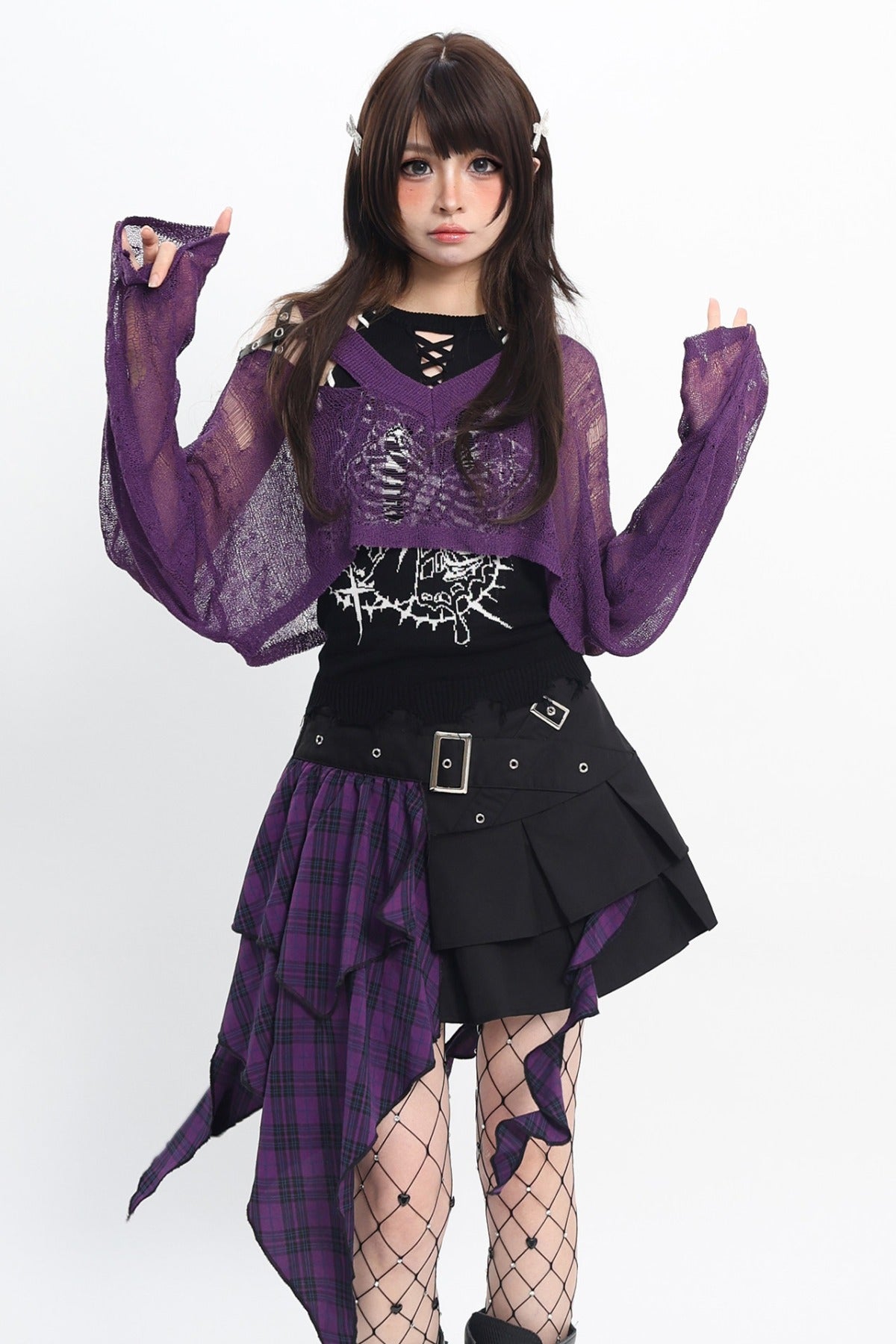 Ripped Long Sleeve Blouse With Short Skirt and Jacket Set-Up