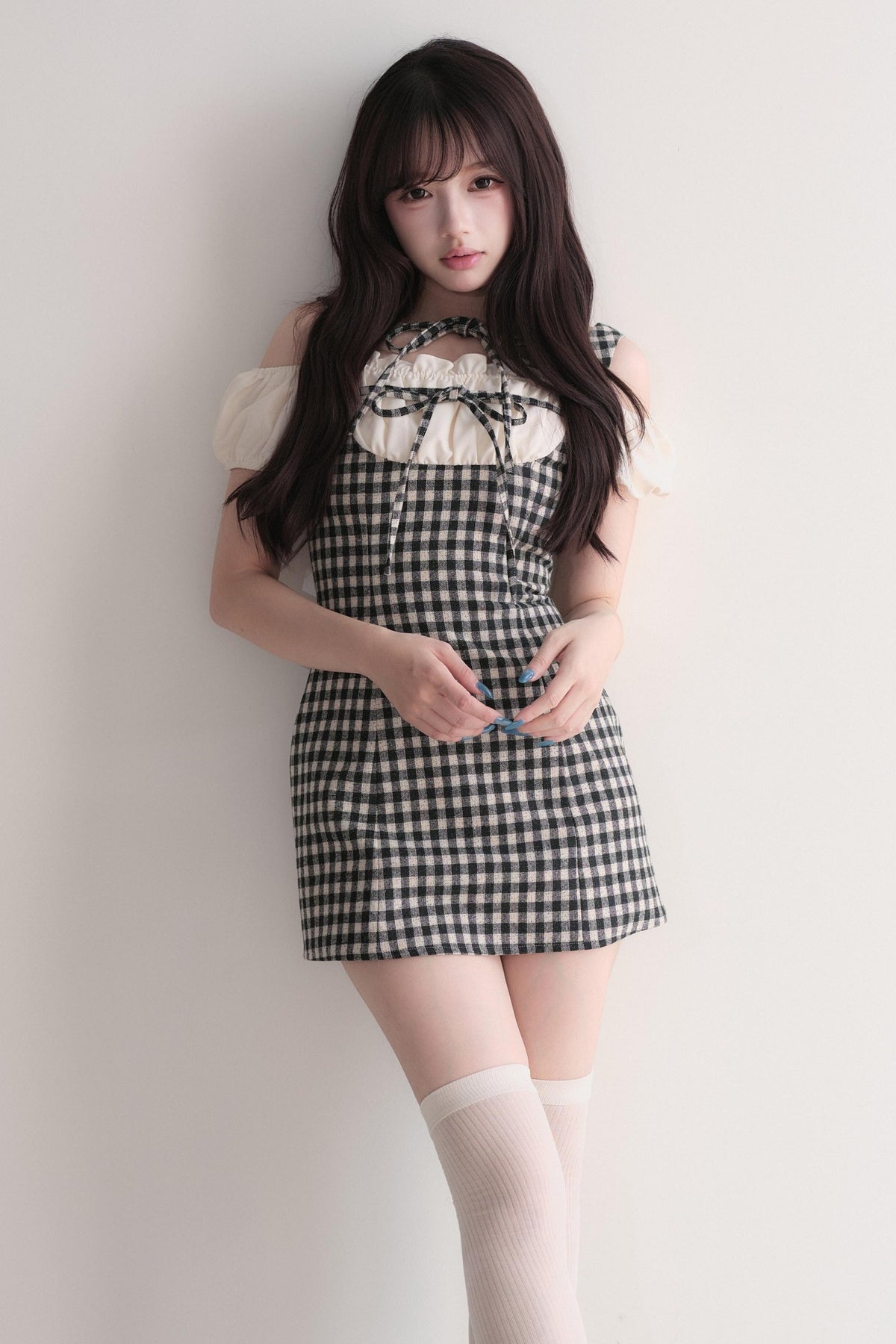 Small Checkered Off-Shoulder Tie Dress