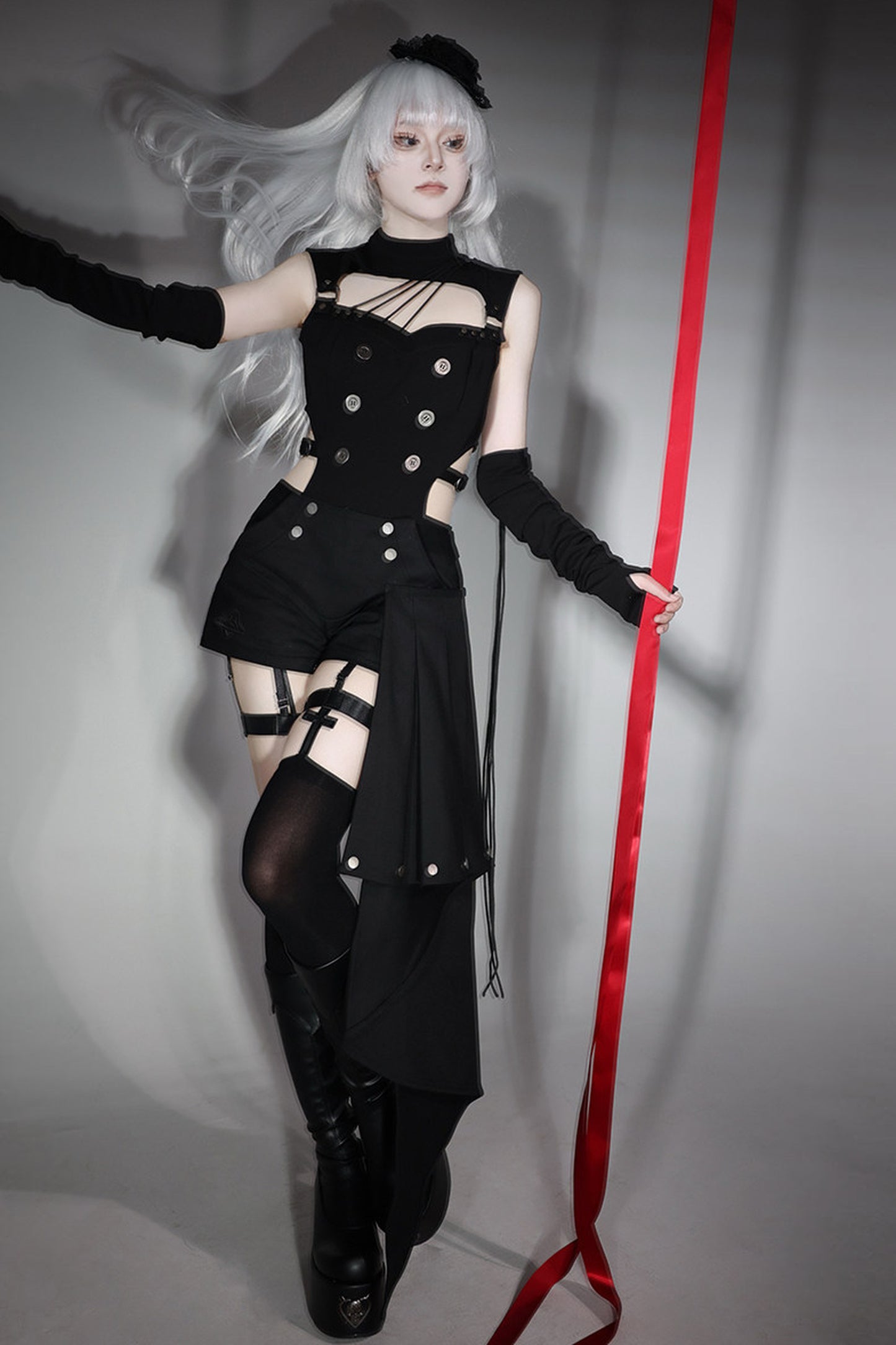 Top cyber gotico lolita + pantaloni + scaldabraccia