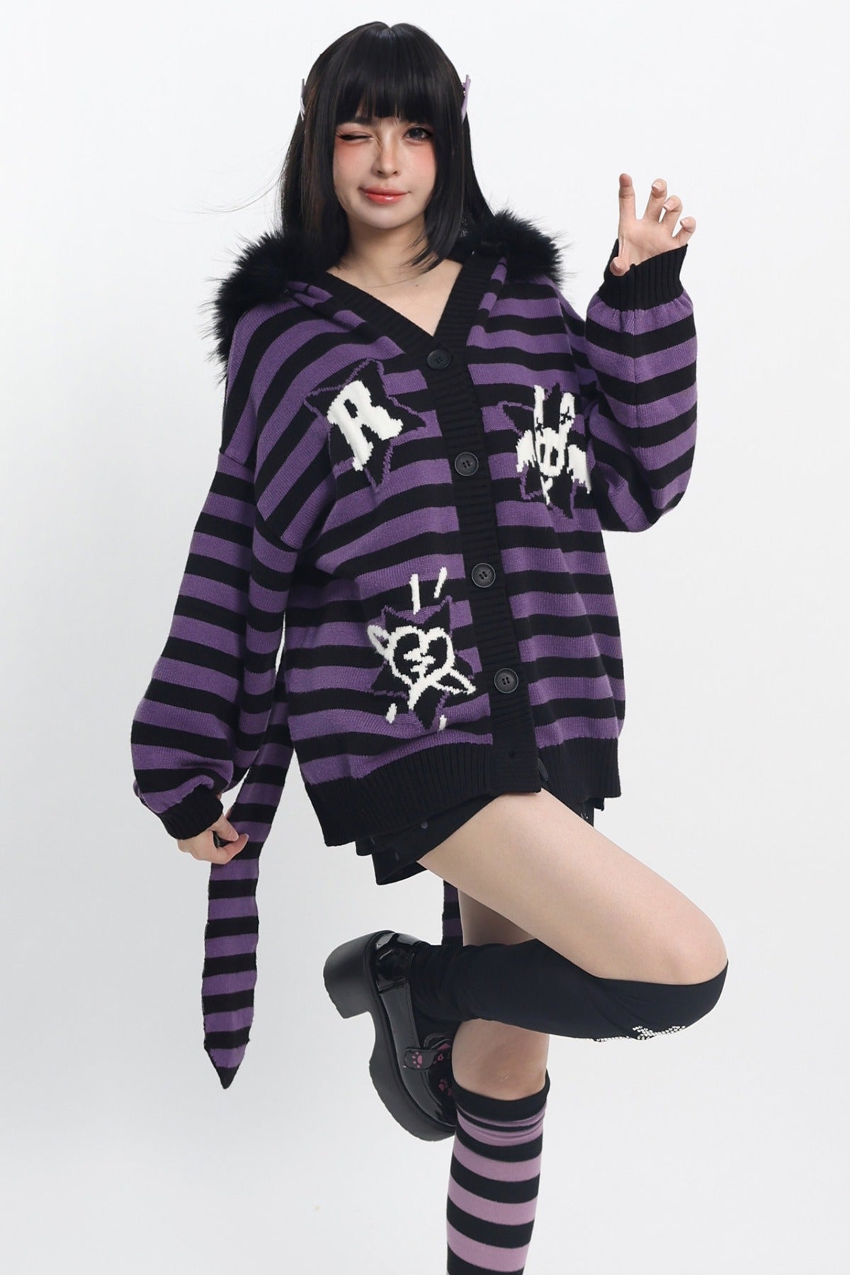 Y2K Purple Striped Fur Collar Cardigan