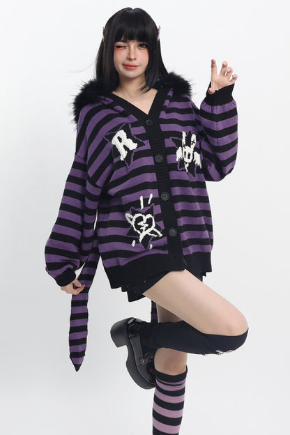 Y2K Purple Striped Fur Collar Cardigan
