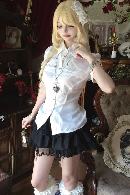 White Short-Sleeved Lace Waist-Cinching Shirt