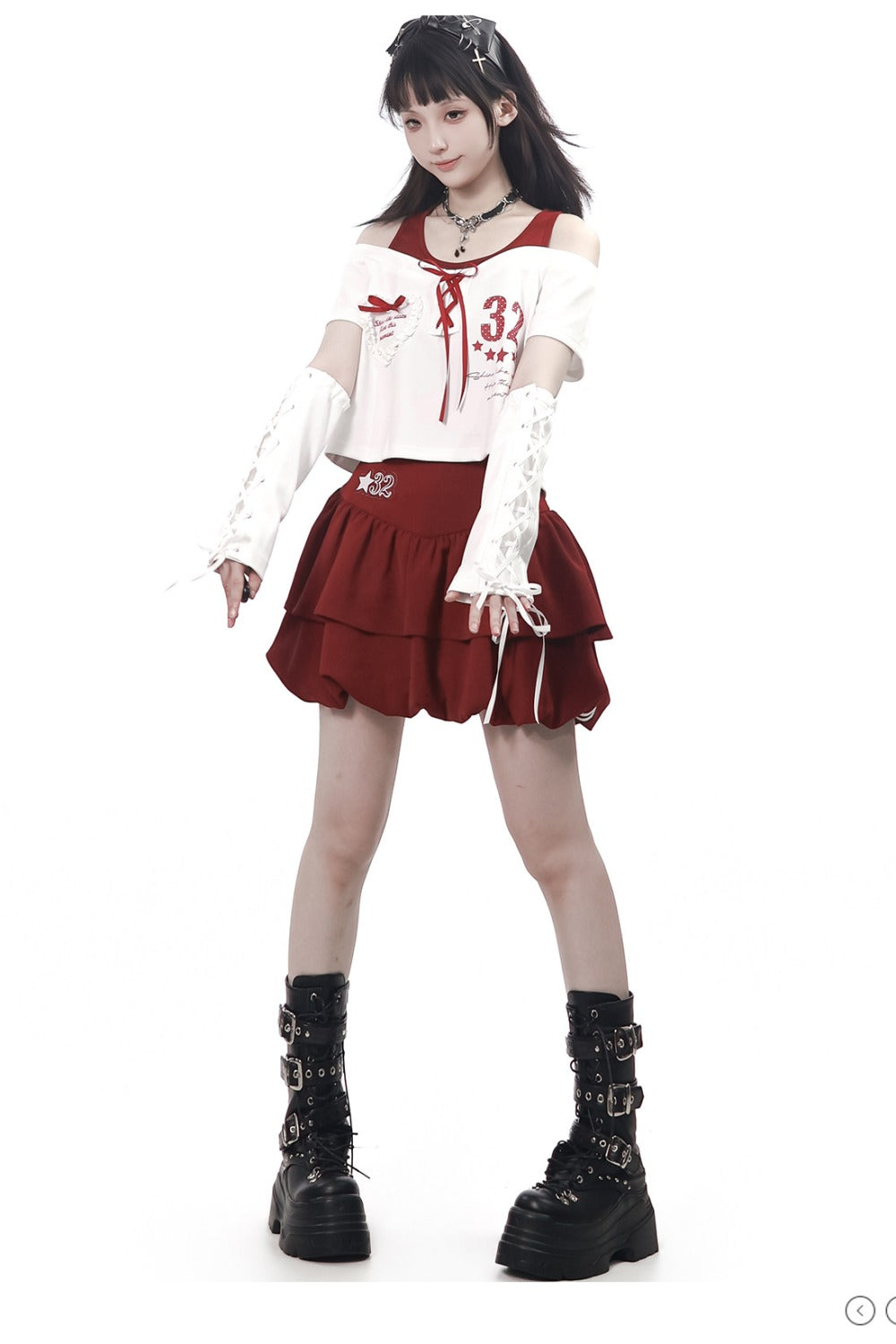 Off-Shoulder Layered Star Graphic Top & Bubble Skirt Set-Up