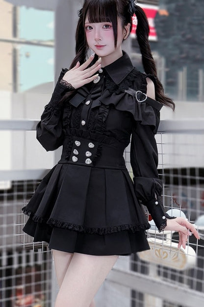 [Pre-order] Cold Shoulder Heart Buckle Long Sleeve Ruffle Lace Blouse with Bow Tie + Lace-Trim Pleated Mini Skirt Set