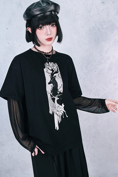 鹿プリントシアースリーブレイヤードTシャツ