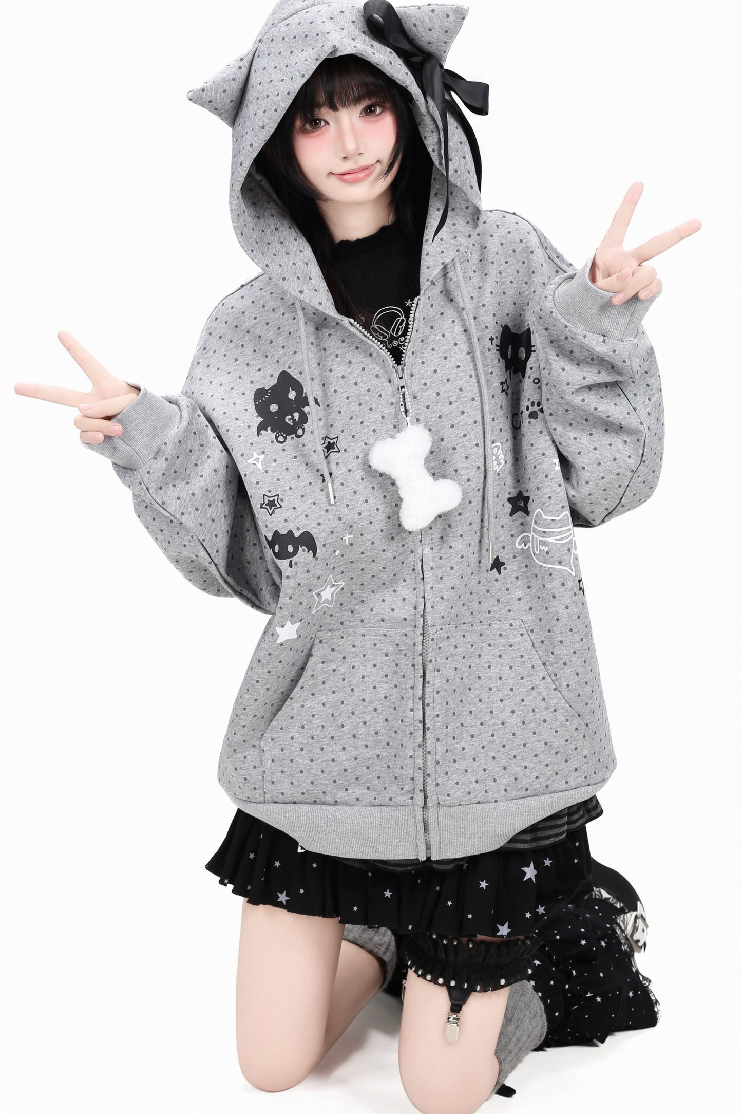3D-Katzenohren-Kapuzenjacke mit Polka-Dots